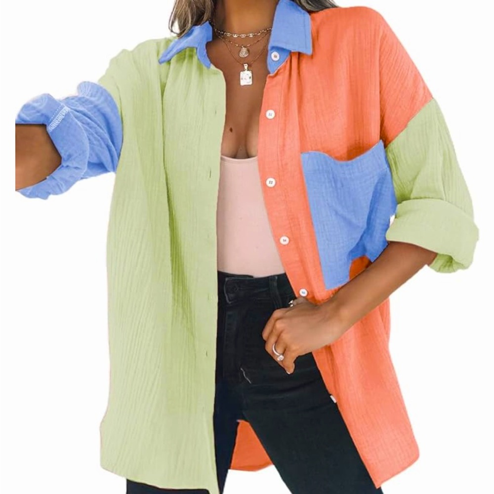Color Block Button Down Shirts Long Sleeve Oversized Boyfriend Blouses Tops